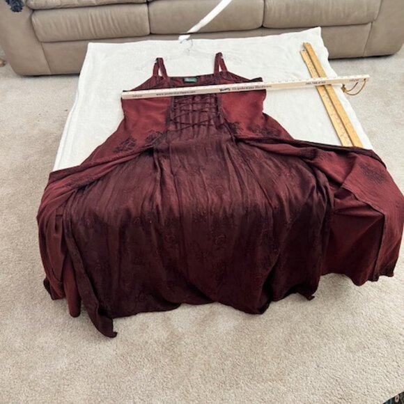 Vintage Renaissance Medieval Maxi Flowy Dress Maroon & Black Flocked Floral 1x - Picture 8 of 10
